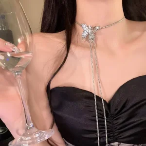 Fashion Crystal Stereoscopic Butterfly Pendant Necklaces Jewelry Adjustable Necklace Long Arm Chain for Women