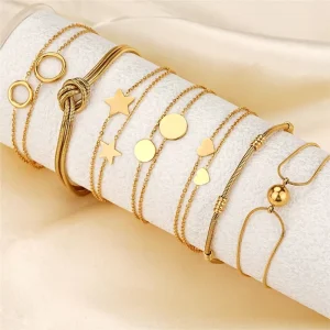 Fashion Cuban Snake Chain 18K Gold Plated Waterproof Tarnish Free Stainless Steel Beaded Pendant Bracelet Jewelry