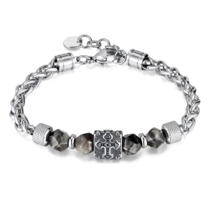 Fashion Cut Natural Stone Splices Black Mineral Stone Beaded Stainless Steel Chain Bracelet for Men Jewelry Customize