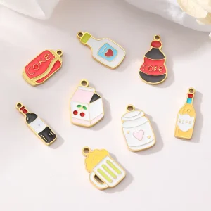 Fashion Cute 18K PVD Stainless Steel Wine-glass Bottle Enamel Pendant DIY Cartoon Necklace Bracelet Keychain Jewelry Charm