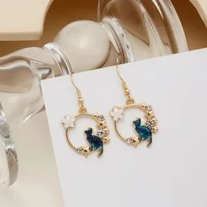 Fashion Cute Cat Earrings for Women Sweet Cartoon Moon Flower Geometric Dangle Earrings Girls Birthday Party Jewelry