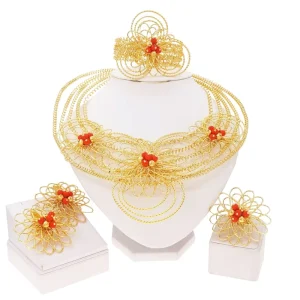 Fashion Cute Flower Gold Jewelry Set Necklace Ring Bracelet Women Girls Jewelry Sets