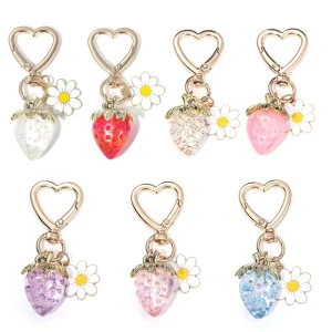 Fashion Cute Girlish Sweet Strawberry Heart Shaped Keychain Creative Alloy Sunflower Bag Accessory Pendant for Gift
