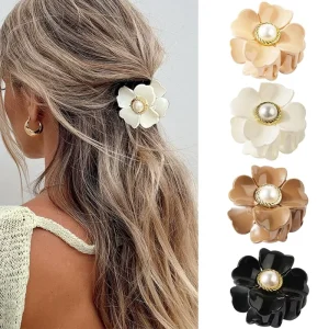 Fashion Cute Women Daily Hair Accessories Elegant Simple Four Petal Flower Pearl Plastic Shark Hair Clips Jewelry