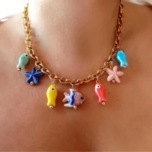 Fashion DIY Charm Colorful Starfish Fish Pendant Necklace Colorful Ceramic Charms Stainless Steel Hand painted Accessories