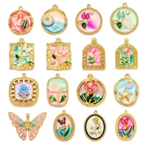 Fashion DIY Charms Stainless Steel Gold Plated Monet Garden Oil Painting Colored Enamel DIY Accessories for Jewelry