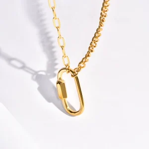 Fashion DIY Jewelry Paper Clip Chain Classic Long Oval Functional Buckle Lock Pendant 18K Gold Plated Stainless Steel Necklace