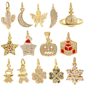 Fashion DIY Necklace Accessories Copper Icing Zircon Cacti Star Feather Charm Pendant