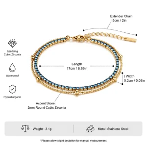 Fashion Dainty Jewelry Stainless Steel Blue Crystal Zircon Bracelet Double Layered Shallow Sea Blue Zircon Tennis Ball Bracelet
