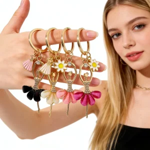 Fashion Dance Keychain Luxury Ballet Girl Key Ring Rhinestone Pendant Charms for Women Backpack Purse Handbag Hanging Decoration