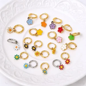 Fashion Dangle Earring Stainless Steel Cartoon Kids Earring Jewelry Gold Plated Enamel Flower Charm Hoop Earrings