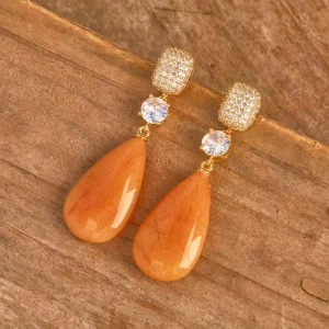 Fashion Dangle Earrings with Natural Gemstone Pendant American Diamond Inlay