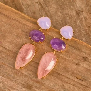 Fashion Dangle Earrings with Natural Rose Quartz and Amethyst Elegant Jewelry