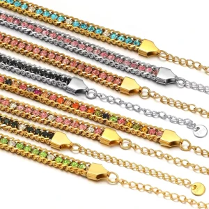 Fashion Design 18K Gold Plated Stainless Steel Jewelry Bracelet Colorful Geometric Crystal Zircon Bracelet for Women