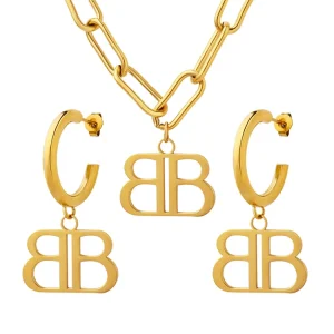 Fashion Design Girl Woman Stainless Steel Double B Pendant Earrings and Necklace Jewelry Sets Gold Plated Accessories