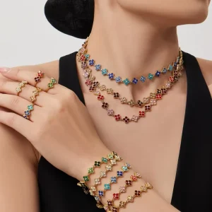 Fashion Design Light Luxury Zircon Multicolor Four Leaf Jewelry Gold Plated Charm Trendy Dainty Flower Jewelry Set