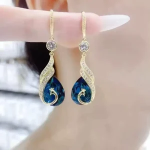 Fashion Design Red and Blue Crystal Peacock Earrings Shining Zircon Korean Tassel Earrings Simple Jewelry Accessories Gifts