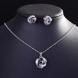 Fashion Design Round Multi Color Fire Mystic Topaz Cubic Zirconia Crystal Simple Stud Earrings Necklace Jewelry Sets for Girls