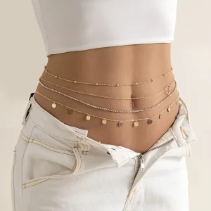 Fashion Design Sexy Women Metal Body Jewelry Multi Layer Geometric Zircon Heart Alloy Adjustable Belly Waist Chain for Women