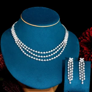 Fashion Design Square Chain Link Multi Layer Necklace and Long Tassel Earrings Costume Jewelry Set for Women Zirconia Party Sets