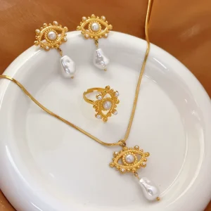 Fashion Design Style Eye Pearl Earrings Stainless Steel Pearl Necklace Stud Earrings Set