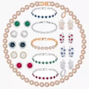 Fashion Designer Brand Popular 18K Gold Plated Shiny Crystal Round Diamond Necklace Bracelet Earrings Jewelry Set