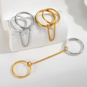 Fashion Designer Chain Stacking Rings Simple Link Finger Stainless Steel Rings Women Two Color Jewelry