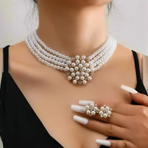 Fashion Diamond Women Flower Pearl Charm Necklace Earring Jewelry Set Wedding Party Multi Layered Pearl Choker Necklace Earring