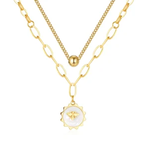 Fashion Double Layer Paper Clip Chain Gold Tainsh Free Bee Pendant Necklace Stainless Steel Multi Layered Necklaces