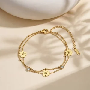 Fashion Double Layer Stacked Gold Plated Charm Zircon Petite Daisy Flower Bracelet for Women’s Gift