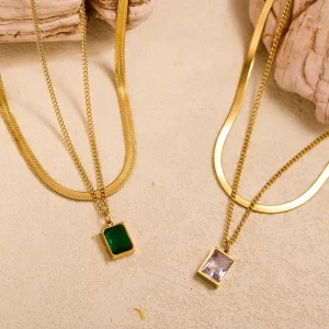 Fashion Double layered Overlapping Necklace Golden Fashion Women’s Zircon Pendant Necklace Trendy Stainless Steel Necklace