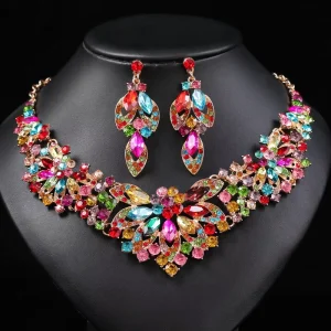 Fashion Dress Jewelry Necklace Earrings Set 2pcs Vintage Colorful Flower Bridal Rhinestone Jewelry for Women