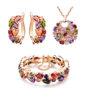 Fashion Drop Crystal Jewelry Necklace Colorful Zircon Three-piece Set