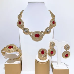 Fashion Dubai Gold Plated 4Pcs Jewelry Set Red & Clear Rhinestones Vintage Style Statement Necklace Earrings Bracelet Ring
