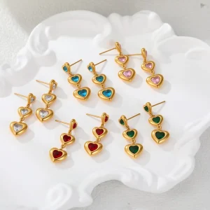 Fashion Earrings 18k Gold Pvd Plated Stainless Steel and Heart Zircon Setting Drop Earrings High Quality Women’s Gift