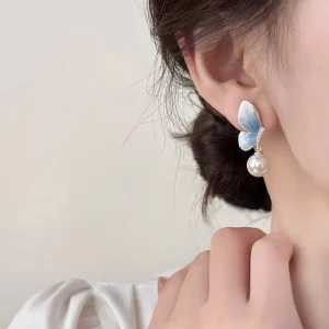 Fashion Earrings Simple Elegant Enamel Butterfly Pearl Earrings for Women Trendy Blue Wing Drop Earring