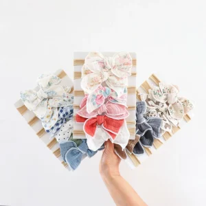 Fashion Elastic Bow Hair Accessories for Toddlers in Muslin Cotton and Floral Prints