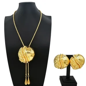 Fashion Elegant Gold Plated Sphere Pendant Jewelry Set with Tassel Necklace and Matching Drop Earrings HK114118