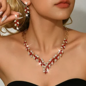 Fashion Elegant Jewelry Sets for Women Bridal Alloy Rhinestone Leaf Shape Necklace Earrings Sets for Wedding Party
