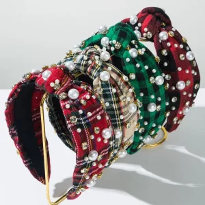 Fashion Elegant Plaid Custom Colorful Pearl Knotted Head Band Christmas Hair Band Women Girls Hair Accessories