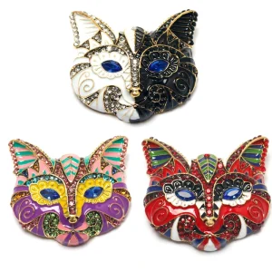 Fashion Elegant Rhinestone Animal Cat Lapel Brooch Enamel Cat Shaped Portrait Brooches Vintage Style Cat Mask Brooch