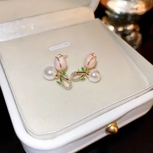 Fashion Elegant Silver Needle Tulip Flower Earrings Vintage Pink Simple Pearl Stud Earrings Jewelry