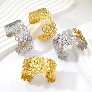 Fashion Elegant Stainless Steel Oversized Women’s Jewelry 18K Gold Plated Waterproof Flower Geometric Wide Cuff Bangle Bracelets