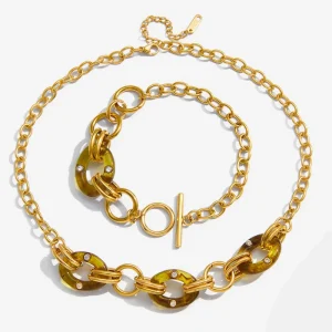 Fashion Elegant Stainless Steel Resin Rhinestone Necklace and Bracelet Jewelry Set