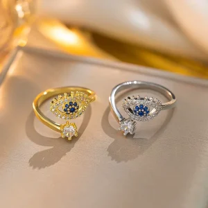 Fashion Elegant Style Women Stainless Steel Eye Open Rings Gold Silver Zircon Adjustable Ring for Women Party Shopping Gift
