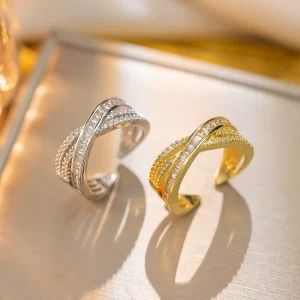 Fashion Elegant Style Women Stainless Steel Open Rings Gold Silver Zircon Ring Adjustable for Women Party Shopping Gift