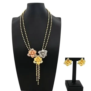 Fashion Elegant Tri Tone Gold Plated Floral Jewelry Set Long Tassel Ball Chain Necklace and Earrings HV012228
