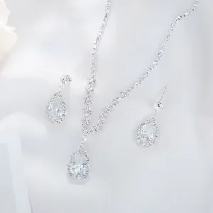 Fashion Elegant Water Drop Rhinestone Glass Crystal Female Sparkling Jewelry Tennis Chain Necklace Earring Set for Wedding Party