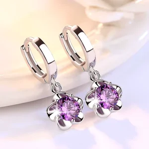 Fashion Elegant Women Statement Flower Hoop Earrings Jewelry 925 Sterling Silver Hoop Earring Flower Drop Zircon Earrings Women