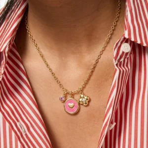 Fashion Elegant Women’s Pink Enamel Heart Flower Pendant Gold Plated Chain Stainless Steel Charm Necklaces Daily Wear Custom